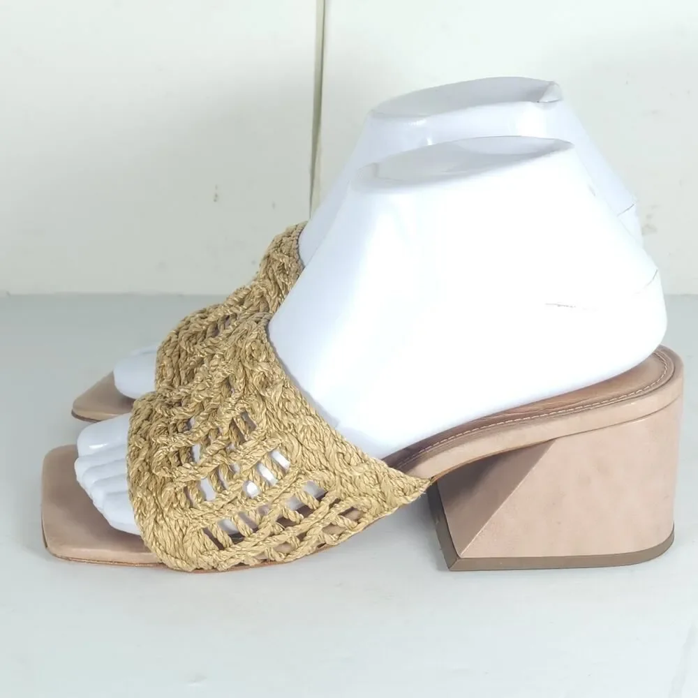 Vicenza Anthropologie Women's US6 Tan Woven Raffia Block Heel Slide Sandals